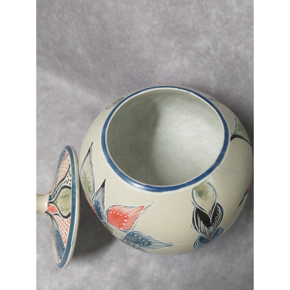 Pedestal Soapstone Jar With Lid Hand Painted and Carved Floral Design - Picture 5 of 10